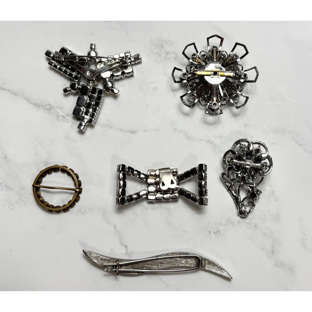 Vintage Rhinestone Brooch Lot 6pc Silver Tone Crystal Floral Bow Sunburst Pins - Picture 3 of 4